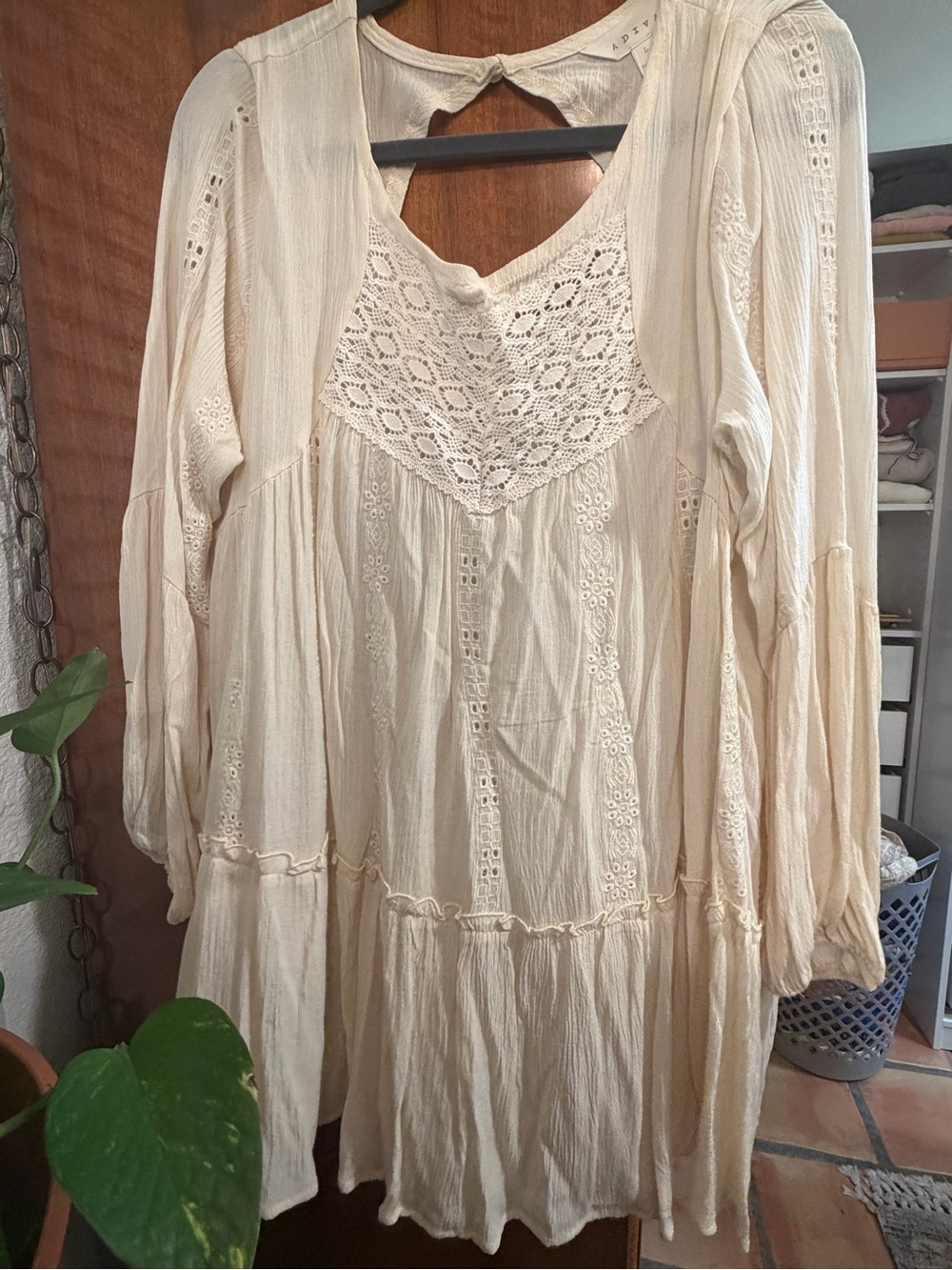 Adiva Ivory Boho Embroidered Lace Tunic Dress Size L